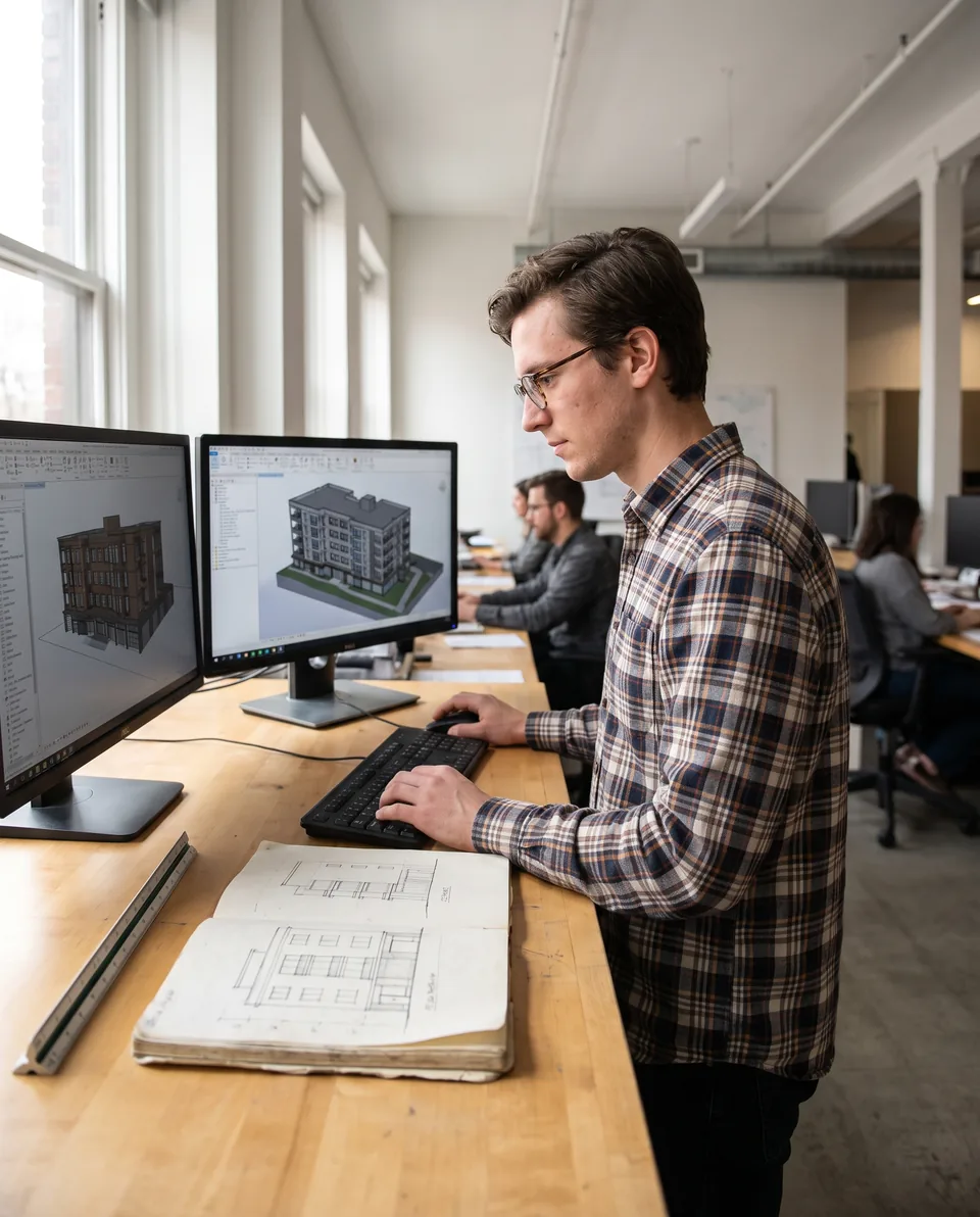 Architectural designer working on a 3D building model at a drafting desk