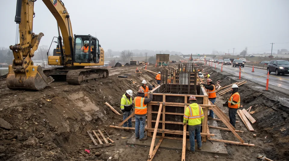 Heavy and civil construction crew working on a highway bridge project