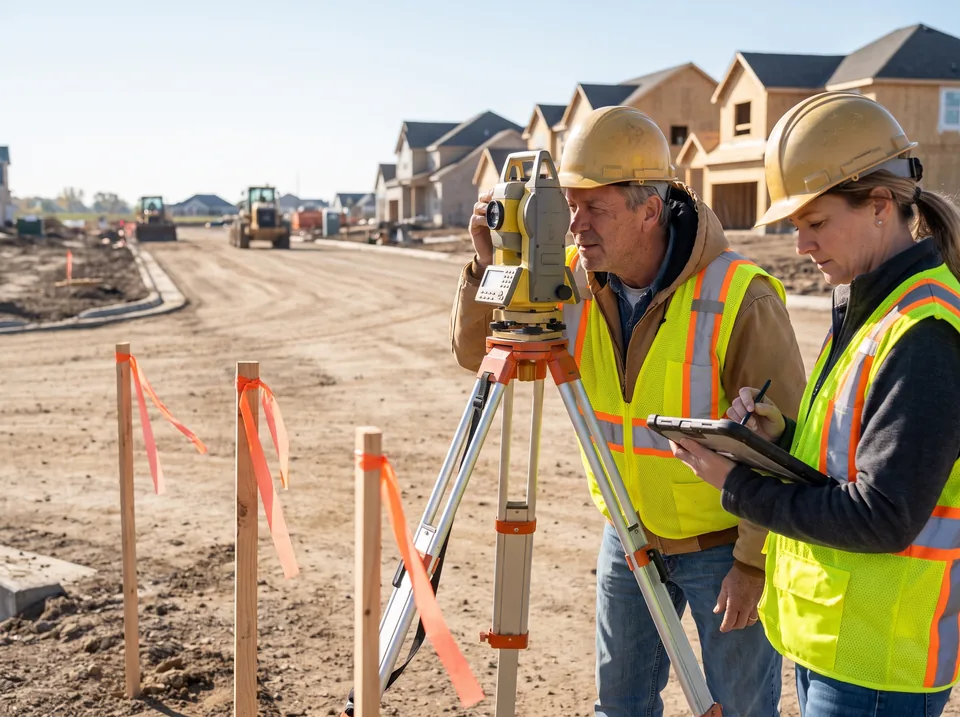 Surveyor and civil engineering technician setting up a total station on a residential road project