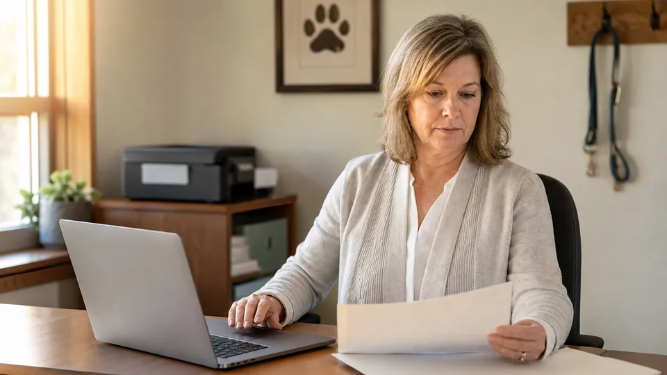 Veterinary practice manager reviewing staff pay at a desk in the back office of an animal hospital