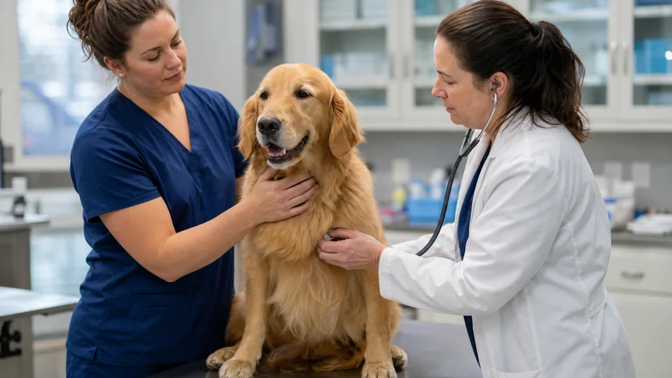 Credentialed veterinary technician and veterinarian examining a dog on an exam table